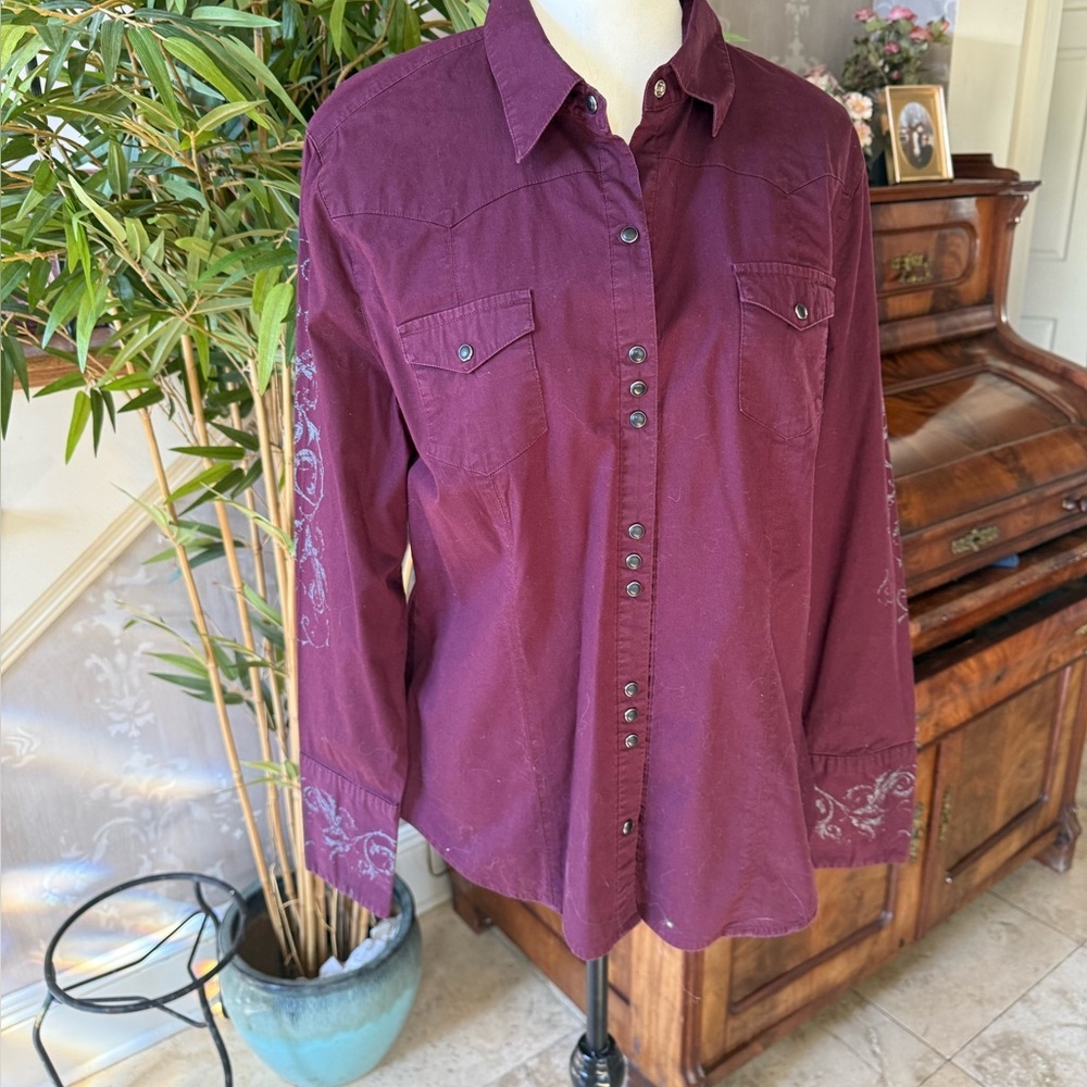 STETSON ladies western long sleeve blouse XL excellent condition burgundy - Picture 9 of 16